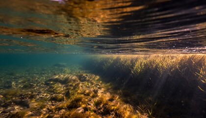 Underwater view of a vibrant coral reef with sunlight filtering through the ocean surface.