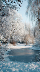 Vertical Winter Landscape of Frozen Pond and Snow Covered Trees in Serene Park Setting