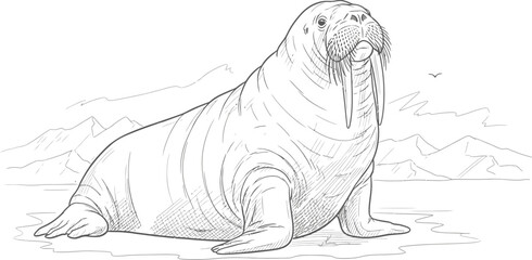 Detailed black and white line art drawing of a walrus resting on arctic ice floe