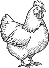 Simple black and white sketch drawing of a plump chicken standing isolated on white