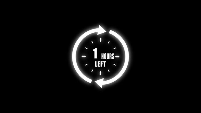Glowing white circular countdown timer displaying one hour remaining with two opposing arrows and small dash markers on a solid black background, representing urgency and time limit notifications