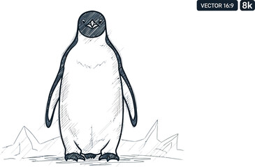 Sketch style drawing of an adorable penguin standing on ice in the arctic