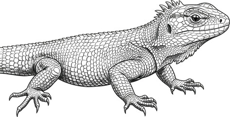 Detailed black and white drawing of a detailed lizard reptile on a white background