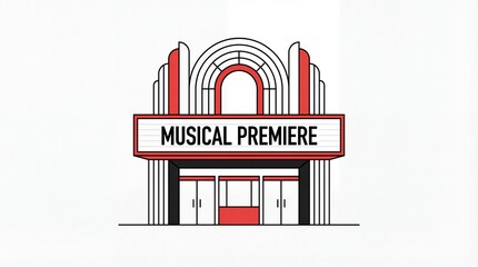 A musical premiere event at a modern theater with geometric architecture and vibrant red accents