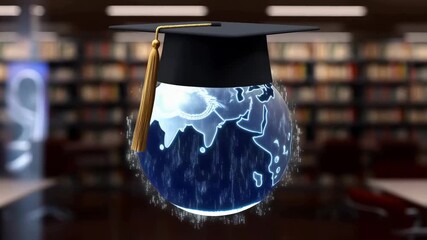 Digital Earth Hologram with Graduation Cap in a Modern Library Symbolizing Global Education and Online Learning - Powered by Adobe