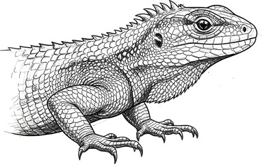Detailed black and white sketch of a lizard head and upper body on white