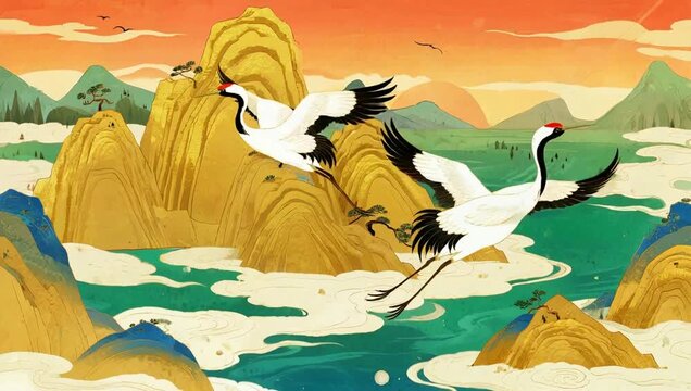 Two cranes flying over mountains and water