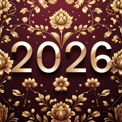 Elegant 2026 Celebration Design in Maroon and Gold with Ornamental Floral Background