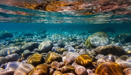 Underwater view of clear riverbed with colorful pebbles and sunlight reflections.