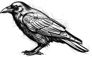 Detailed black and white sketch of a standing raven bird with scratchy texture