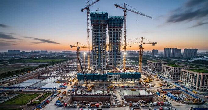 Construction site with towering buildings under development, cranes operating at sunset