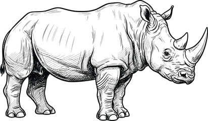 Detailed black and white sketch drawing of a powerful rhinoceros standing alone