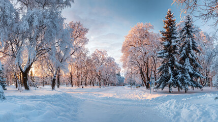 Magical Winter Park at Sunset with Frosty Trees and Soft Snow Covered Ground Panorama