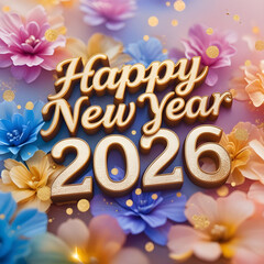 Happy New Year 2026 Luxury Floral Background with Gold Cursive Text and Rainbow Colors