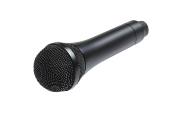 Professional black dynamic vocal microphone with mesh grill and ergonomic handle for stage performance and studio recording isolated on transparent background