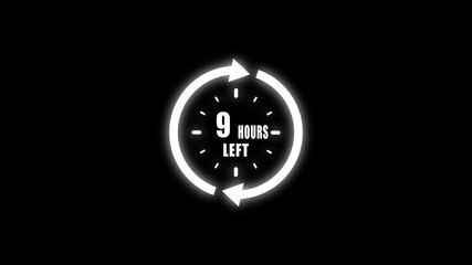 Illuminated white circular timer indicating nine hours left with rotating arrows and minimalist hour markers on a dark black backdrop
