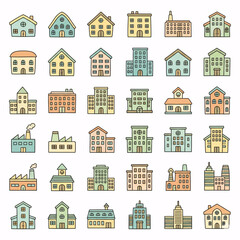 Building icons set, office building vector, house line art, school symbol, government building illustration, real estate design, architecture icon set. Generative AI