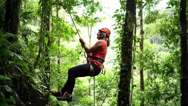 A person wearing a safety harness and helmet ziplines through a lush green forest with tall trees and dense foliage