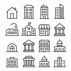 Building icons set, office building vector, house line art, school symbol, government building illustration, real estate design, architecture icon set. Generative AI