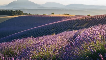 Vast Lavender Fields in Provence at Sunset with Rolling Hills and Mountains in the Background.
