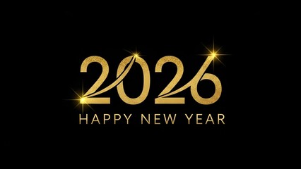 Gold 'Happy New Year 2026' text with sparkles on black background