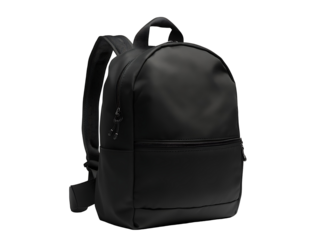 Black minimalist backpack with zipper pockets and adjustable straps for travel school and everyday urban lifestyle isolated on transparent background