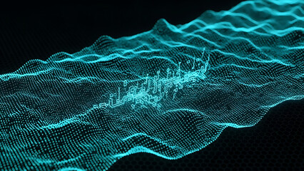 Abstract digital landscape of futuristic city data visualization with glowing blue lights