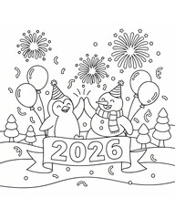 Happy new year 2026 coloring page for kids with penguin and snowman character illustration 