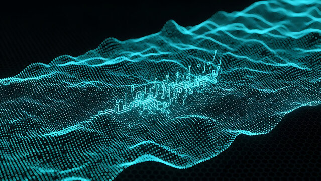 Abstract digital landscape of futuristic city data visualization with glowing blue lights - Powered by Adobe