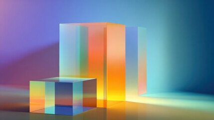 Two translucent, rectangular prisms reflect colorful light, creating shadows on the background
