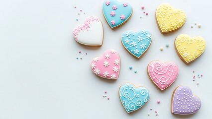 Assorted heart-shaped cookies with colorful icing and sprinkles on a white background, captured from a top-down view.
