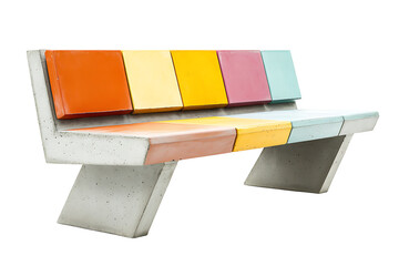 Modern concrete public bench with colorful orange yellow pink and blue seat panels contemporary outdoor street furniture design isolated on transparent background