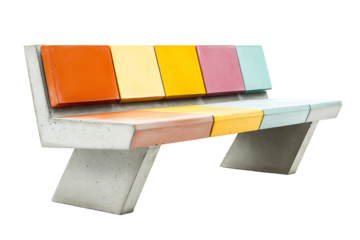 Modern concrete public bench with colorful orange yellow pink and blue seat panels contemporary outdoor street furniture design isolated on transparent background