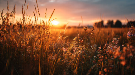 Wildflowers and Tall Grass in Field Silhouette Against Vibrant Orange Sunset Sky
