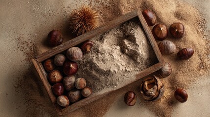 Wooden frame with chestnuts and sand on rustic background