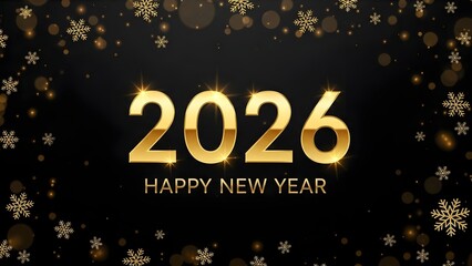 Golden 2026 Happy New Year greeting with snowflakes on black background