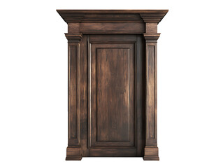 Elegant dark wood classic door frame with ornate architectural molding and vintage paneling design for luxury interior concepts isolated on transparent background