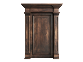 Elegant dark wood classic door frame with ornate architectural molding and vintage paneling design for luxury interior concepts isolated on transparent background