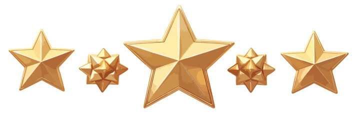 Obraz premium Estrellas doradas de diferentes tamaños sobre fondo blanco transparente, símbolo de éxito y calidad.