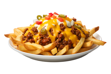 Loaded chili cheese fries topped with melted cheddar sauce savory ground beef jalapenos and diced tomatoes on a plate isolated on transparent background