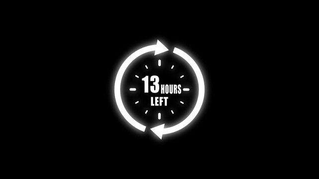 Bright white neon clock with rotating arrows signifying thirteen hours remaining on a deep black background for time-sensitive alerts and marketing campaigns Keywords: countdown, timer, clock