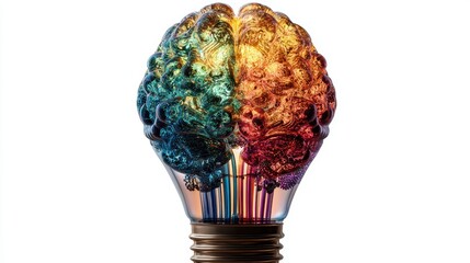 a light bulb filled with a brain shape at the top. Luminous colors, white background,