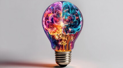 a light bulb filled with a brain shape at the top. Luminous colors, white background,
