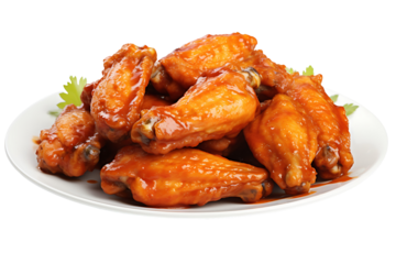 Spicy buffalo chicken wings glazed in red hot sauce served on a white plate with garnish isolated on transparent background