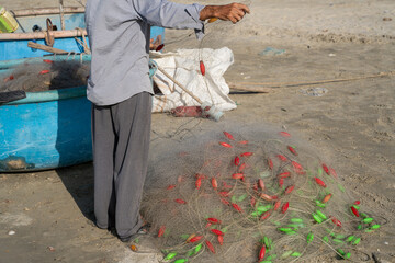 Fisherman casting net with colorful floats on sandy beach near fishing boat in bright sunlight