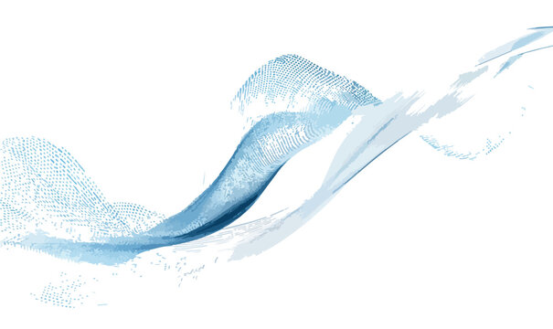 Onda de agua azul y transparente con part&iacute;culas finas sobre fondo blanco, dise&ntilde;o abstracto