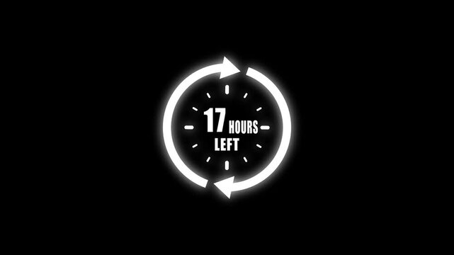 Luminous white circular timer indicating seventeen hours remaining with tick marks and arrows on a dark black background