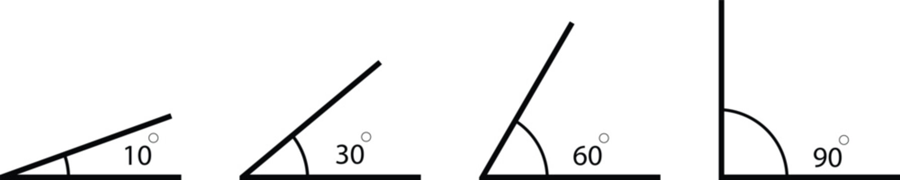 Various angles icon set. Degree icons from 10 to 90 . Geometric school learning and trigonometry exercises