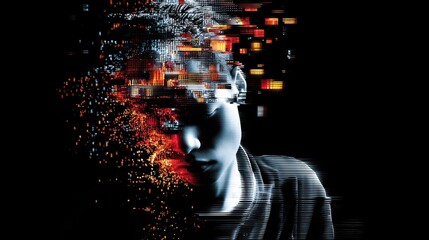 A person half-transformed into glitch effects, dissolving into pixels, digital noise and distortions. Surreal, fragmented appearance against a dark background,