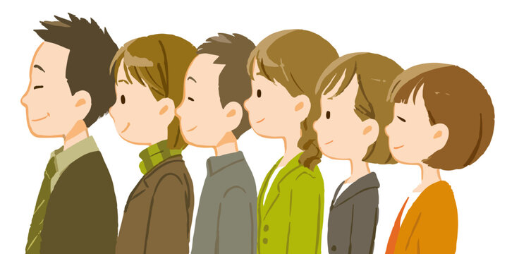 Ilustraci&oacute;n de grupo de seis personas en fila, perfil, estilo japon&eacute;s, fondo transparente.